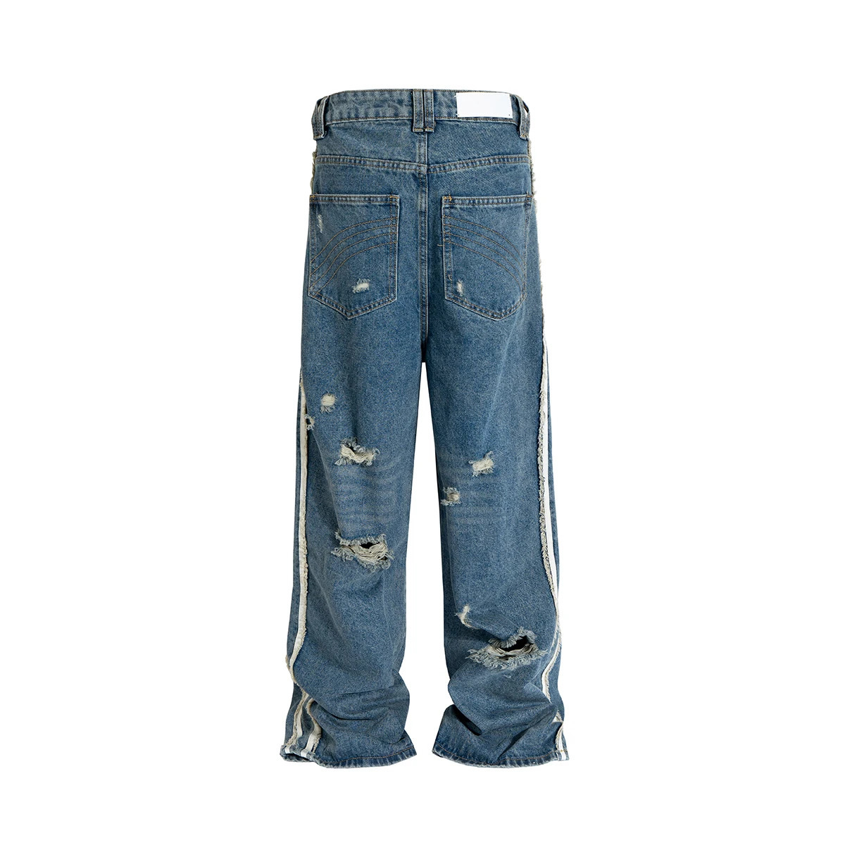 High street white striped washed hole bagged jeans suitable for both men and women Distressed Danim Trouser Oversized 240718