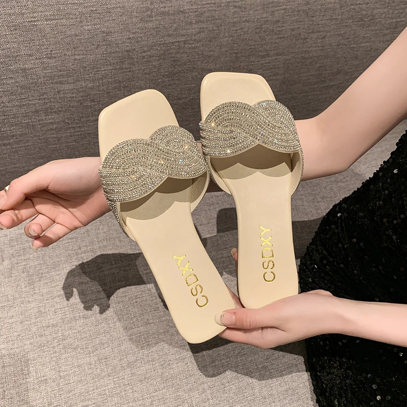 2024 Summer Flat Heel Rhinestone Ladies Shoes Women Fashion Rhinestones Sandals High quality Outdoor Beach Slides Slippers 240719
