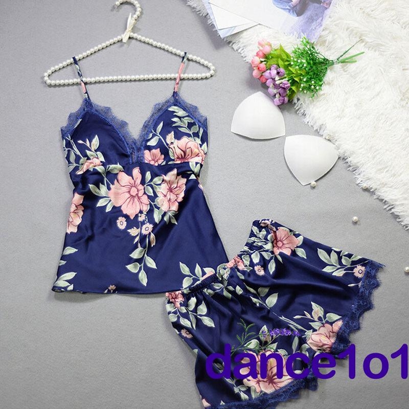 Womens Sexy Floral Satin Lace 2Pcs Sleepwear Nightdress Pamas Set 2019