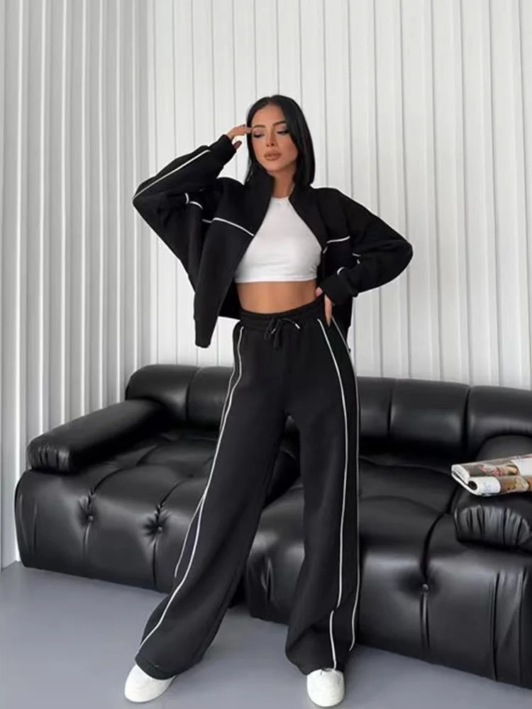 2024 Casual Set Longsleeved Half High Collar Cardigan Sweater Lace up Striped Pants Women Clothing Casual Two Piece Suits 240712