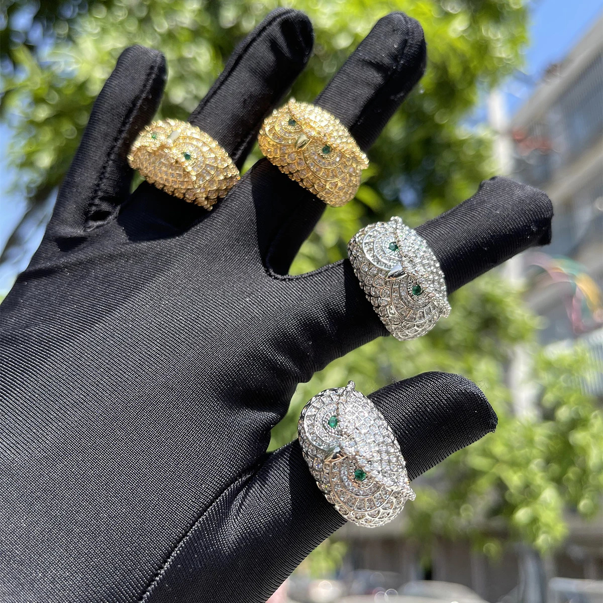Bubble Letter Owl Ring for Men Real Gold Plated Brass Cubic Zircon Iced Out Charms Hip Hop Jewelry Trend Selling 240713