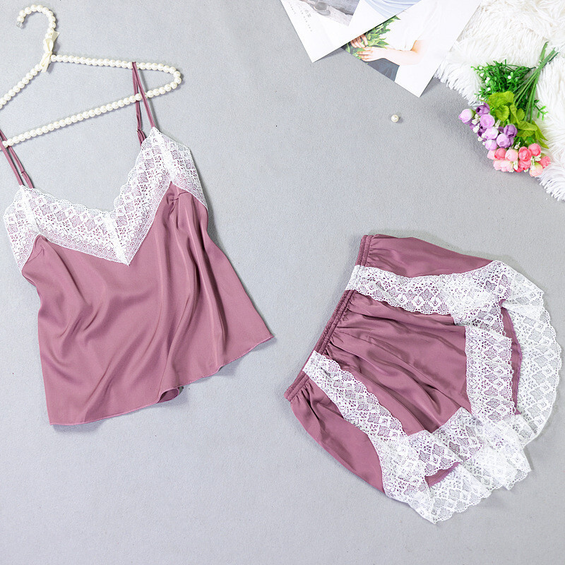 2024 New Ice Silk Pamas Women's Sexy Lace Sling Shorts Two Piece Pijama