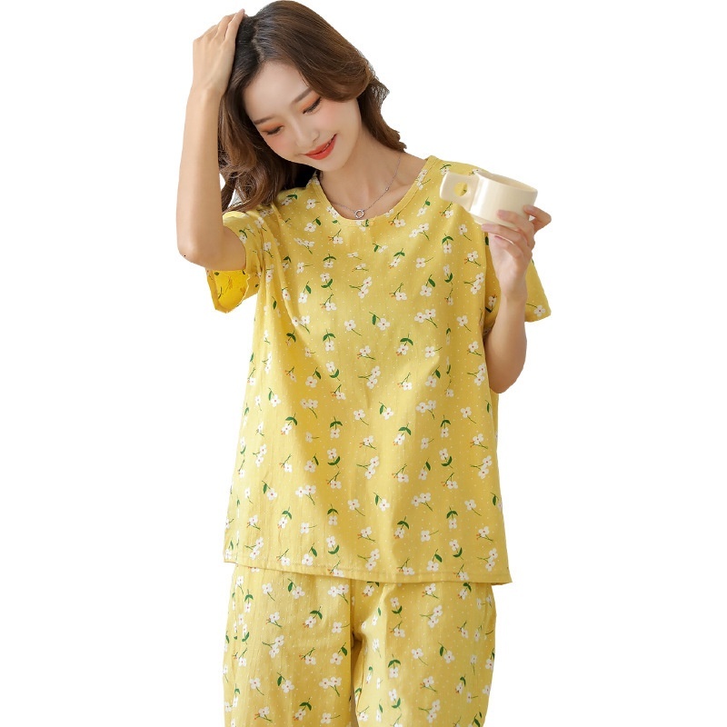 Gauze Pamas Women's Summer Short Sleeved Capri Pants Set Japanese Sweet Floral Pure Cotton Home Clothes