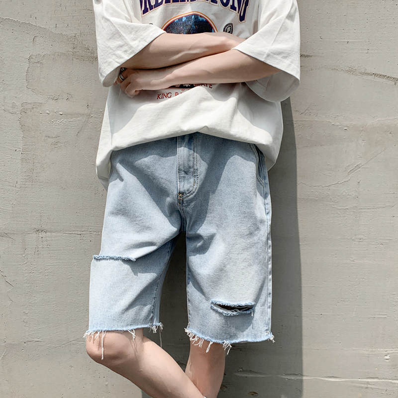 Broken hole shorts for men, loose and five quarter brand denim mid horse pants, trendy summer thin design