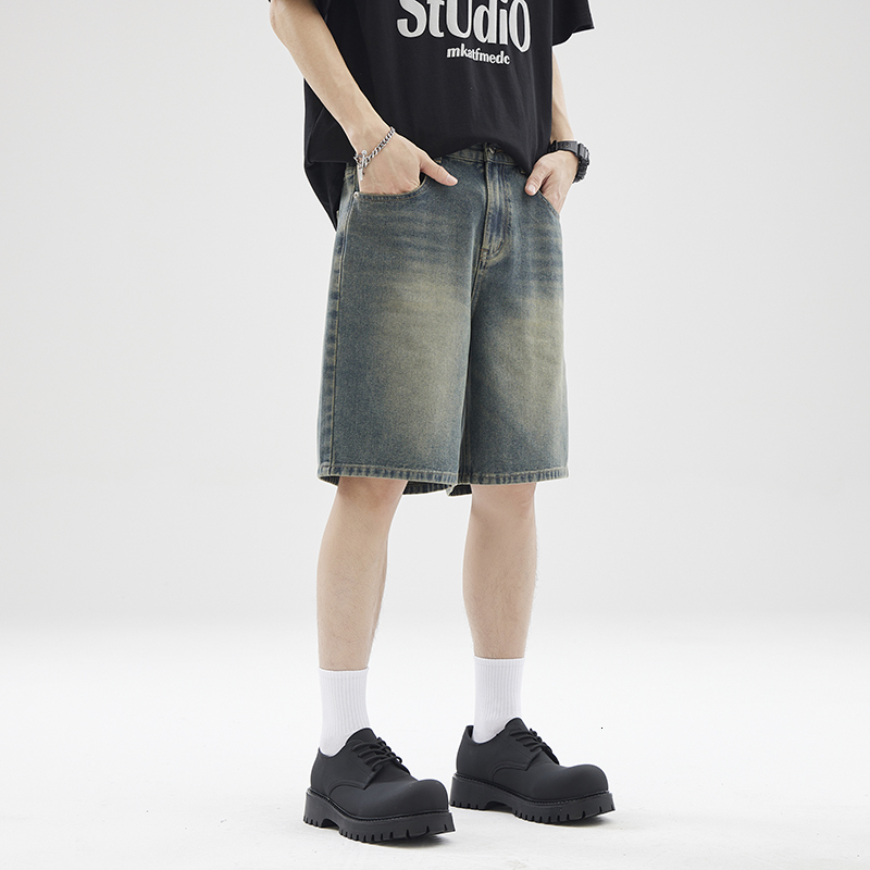2024 Summer American washed vintage denim shorts for men and women, straight leg loose clean fit five quarter pants trend