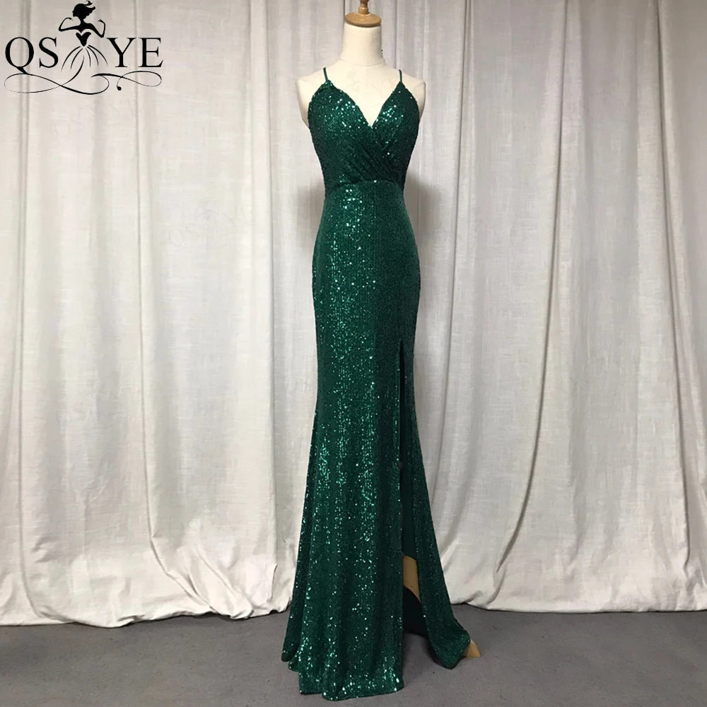 Emerald Green Evening Dresses Spaghetti Shoulder Straps Sexy V Prom Gown Sequin Long Party Dress Ruched V Neck Women Formal Gown 240709