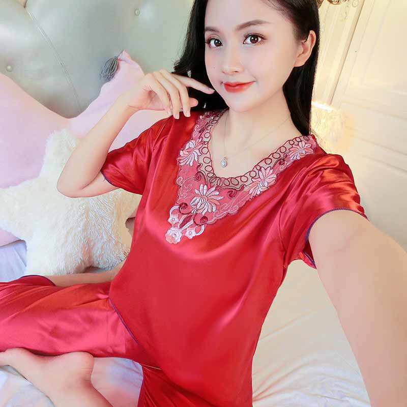 Ice Silk Pamas Women's Short Sleeve Capris Large Size Suit Noble Sleepwear Nightwear Bu Tidur