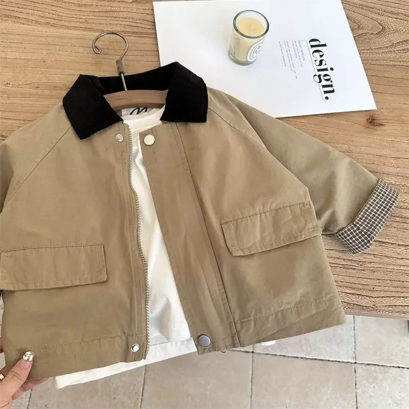 Trench Outerwear Turn-down Collar Zipper Full Sleeve Spring Loods Cotton Simple Clean Fashion Casual Comfortable Kid Unisex 240711