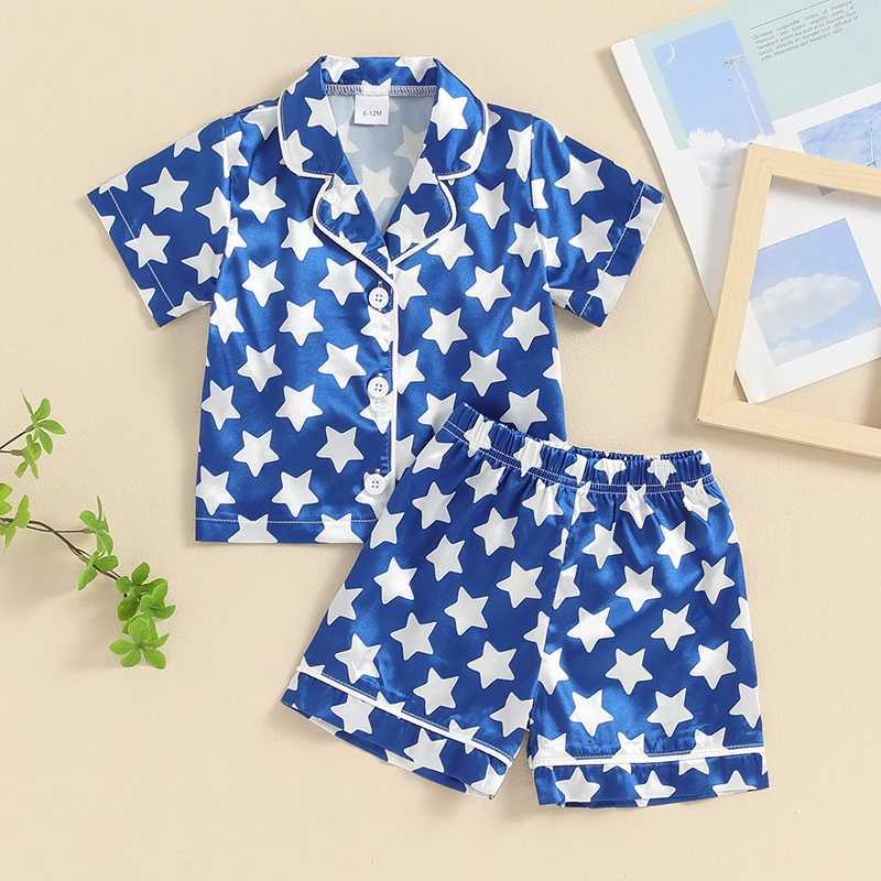 1-5 Year Childrens Pajama Set Star/Flower Printed Short Sleeve Shirt July 4th Summer Girls and Boys PajamasW240716