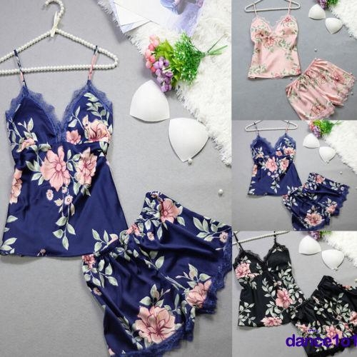 Womens Sexy Floral Satin Lace 2Pcs Sleepwear Nightdress Pamas Set 2019