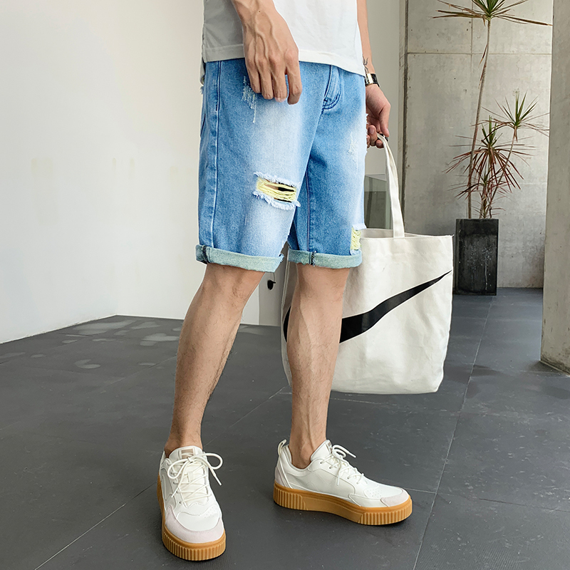 Denim shorts 2022 summer men's ripped jeans 5-point mid length pants