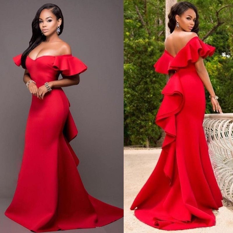 Gorgeous Red Long Bridesmaids Dresses Off the Shoulder Ruffles Backless Maid of Honor Floor Length Satin Plus Size Mermaid Evening Gowns Custom made