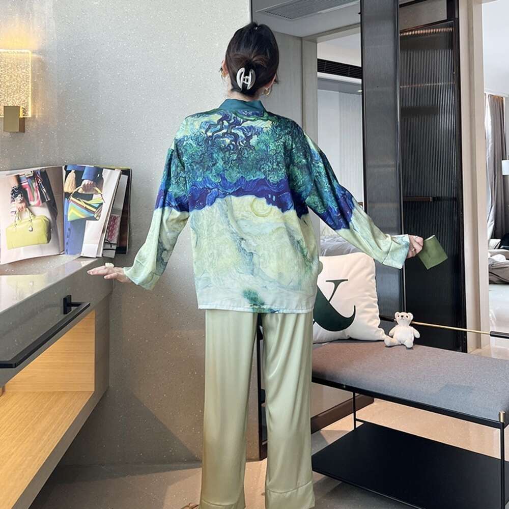 Ice Silk Pamas Women's Spring And Autumn Long Sleeved Cardigan High Quality Printing Suit Pyjamas