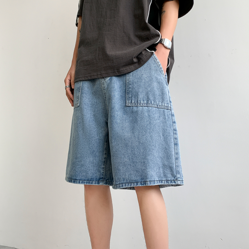 Denim shorts for men's summer loose fit straight leg shorts, American casual fashion brand five piece pants