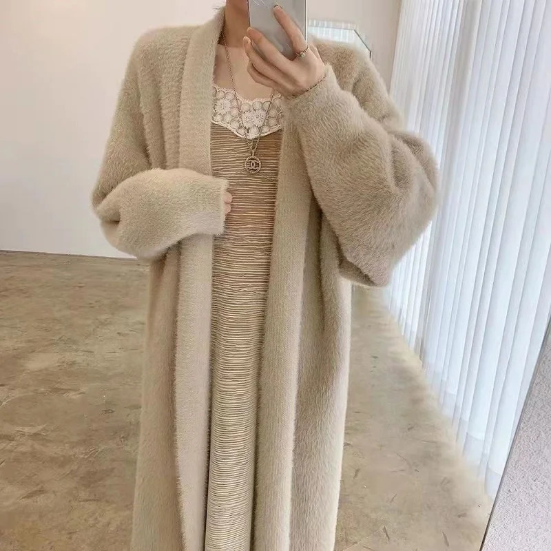 Womens white long cardigan wool sweater winter clothing for 2024 knitted fluffy sleeved cashmere coat warm vintage 240718