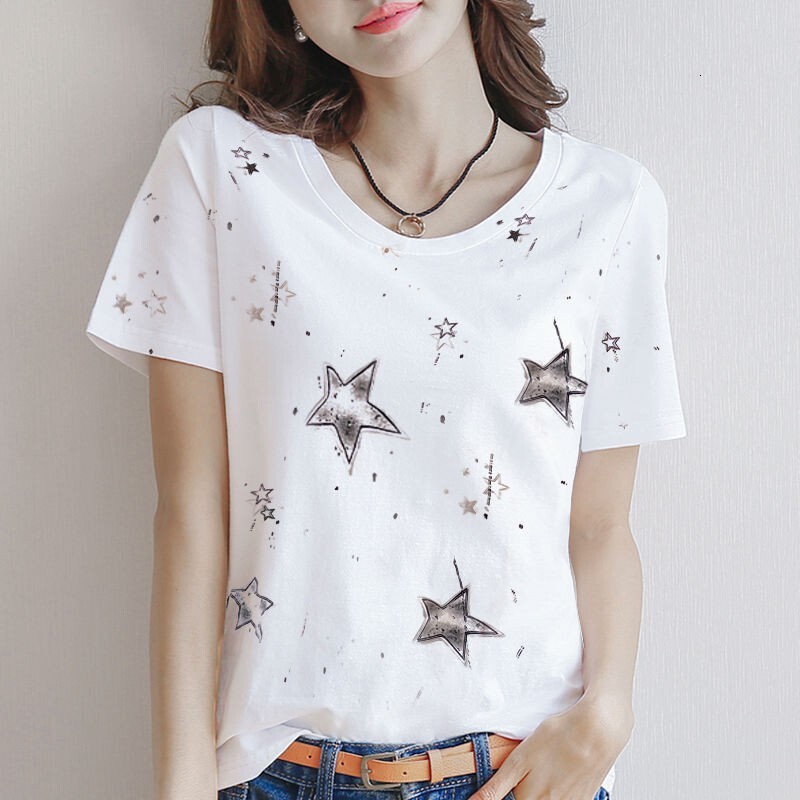 2024 Al2024 Printed Short Sleeve T-shirt 95 Cotton Loose and Versatile Round Neck Women's Top Trendy Bogu123.sg 8.17