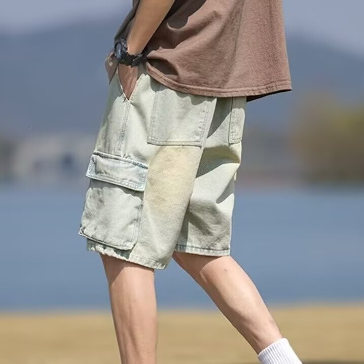 American workwear denim shorts men's 2024 summer new style washed gradient straight tube loose large pocket cool pants