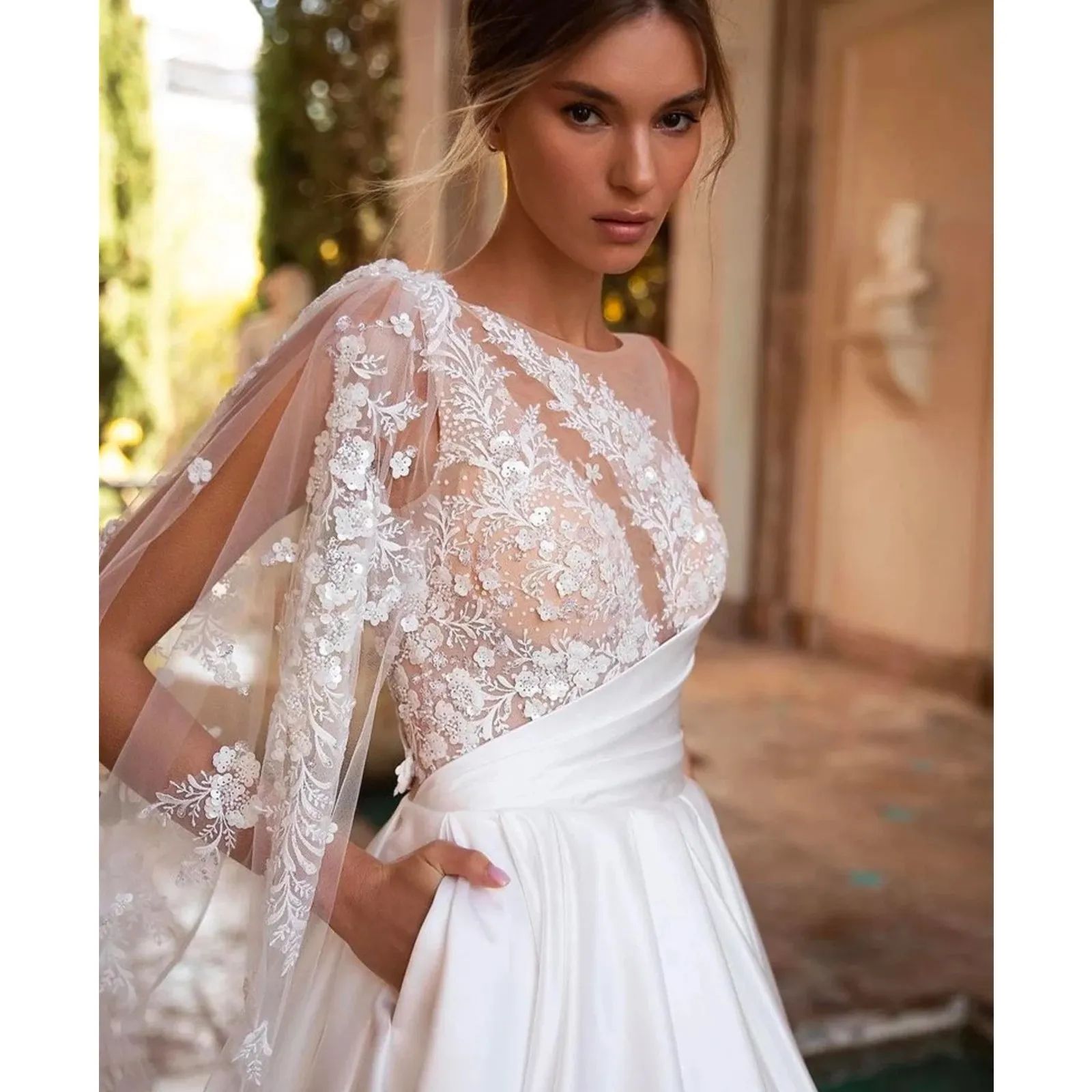 Satin Beach A E Wedding Dresses With Wrap Scoop Neck Sleeveless Backless Lace Appliques Bridal Gowns Boho Reception Party Custom Made 6660311