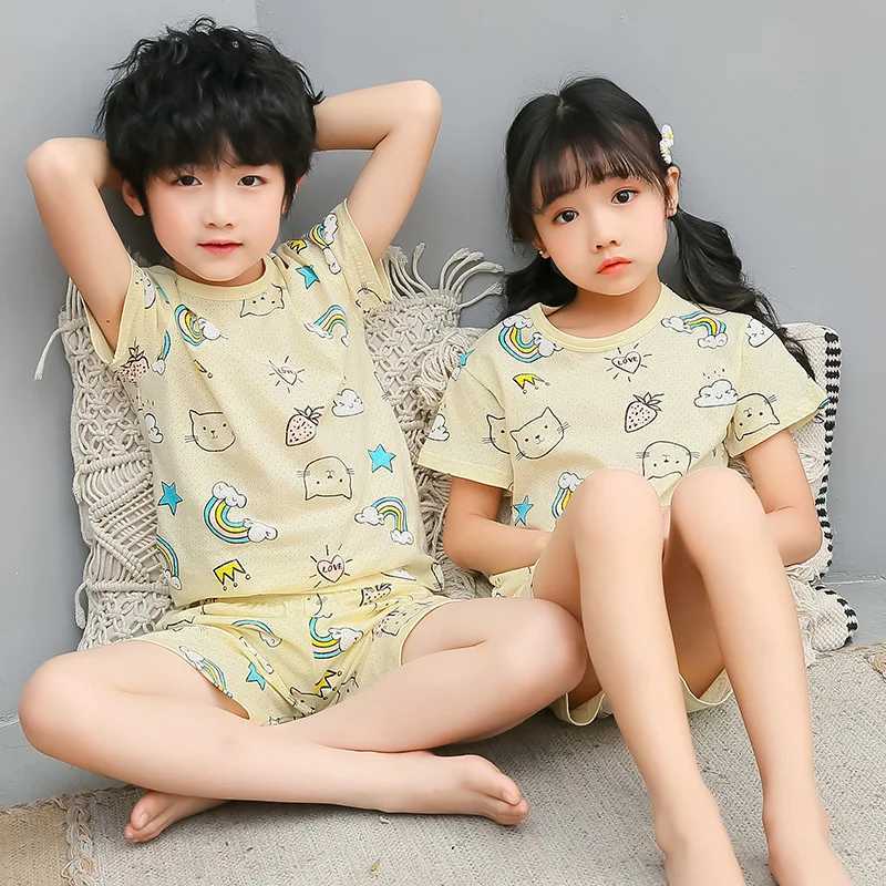 Childrens Pajamas 2 3 4 5 6 7 8 Year Cotton Pajama Set Cat Pajamas Summer Short Sleeve Childrens PajamasW240716