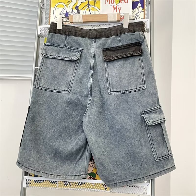 Summer American high street denim shorts, men's washed trendy brand loose mid length pants, niche patchwork contrasting five quarter pants