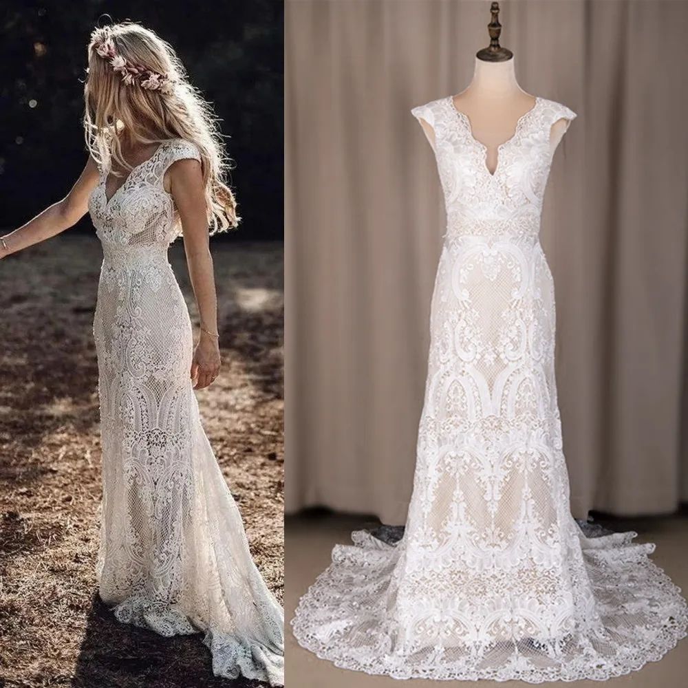 100% Real Photos Simple Sexy V Neck Open Back Cap Sleeve Mermaid Bohemian Sweep Train Lace Wedding Dress Bride Gown 2024 Custom made