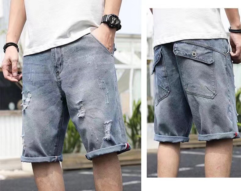 Summer five quarter jeans Korean version trendy brand men's short mid ripped pants