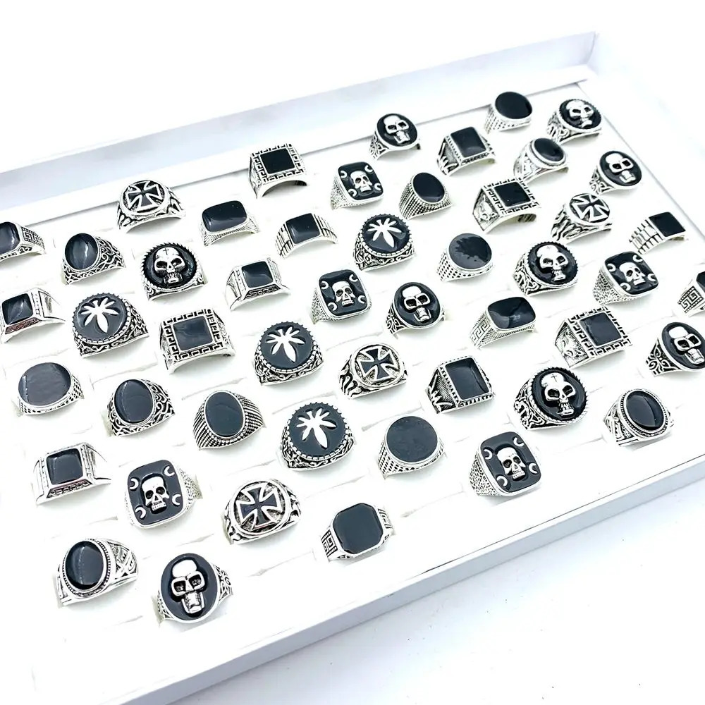 50 mens rings black enamel silver plated skull cross punk style fashionable jewelry wholesale 240710
