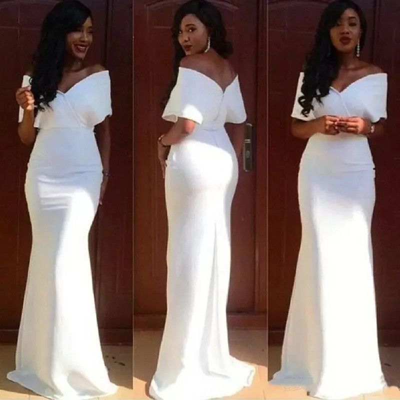 Elegant White Mermaid Bridesmaid Dresses V-Neck Short Sleeves Simple Satin Wedding Guest Gowns White Prom Party Evening Dress Floor Length Custom made
