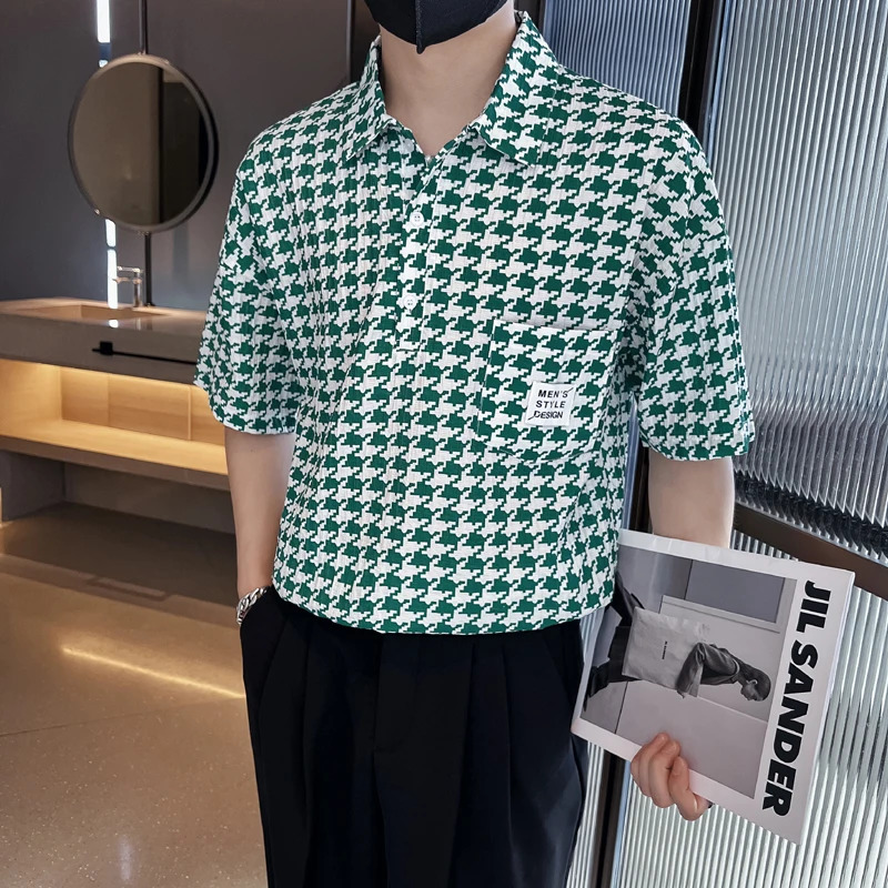 Summer Houndstooth Plaid Loose Shirts Men Hawaiian Short Sleeve Mens Social Dress Casual Beach Button Up Blouse Hommes 240716