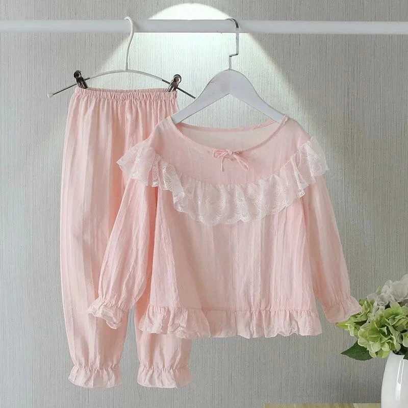 Spring and Autumn Childrens Thin Home Clothing Cute Princess Style Girl Long Sleeve Pajama Baby Cotton Linen Two Piece SetW240716