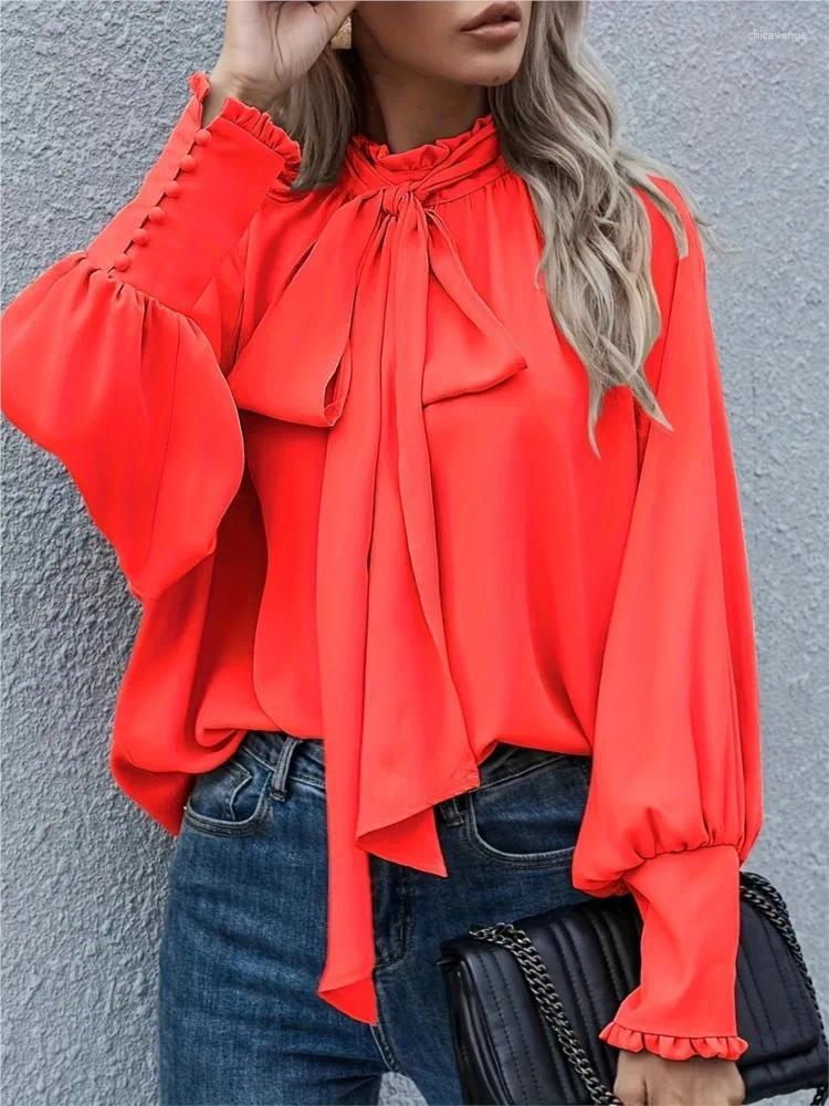 Women's Blouses Fashion Solid Color Chiffon Shirts Women Bowknot Leace-up Sleeve Temperament Elegant Lady Trendy Commuting Clothing