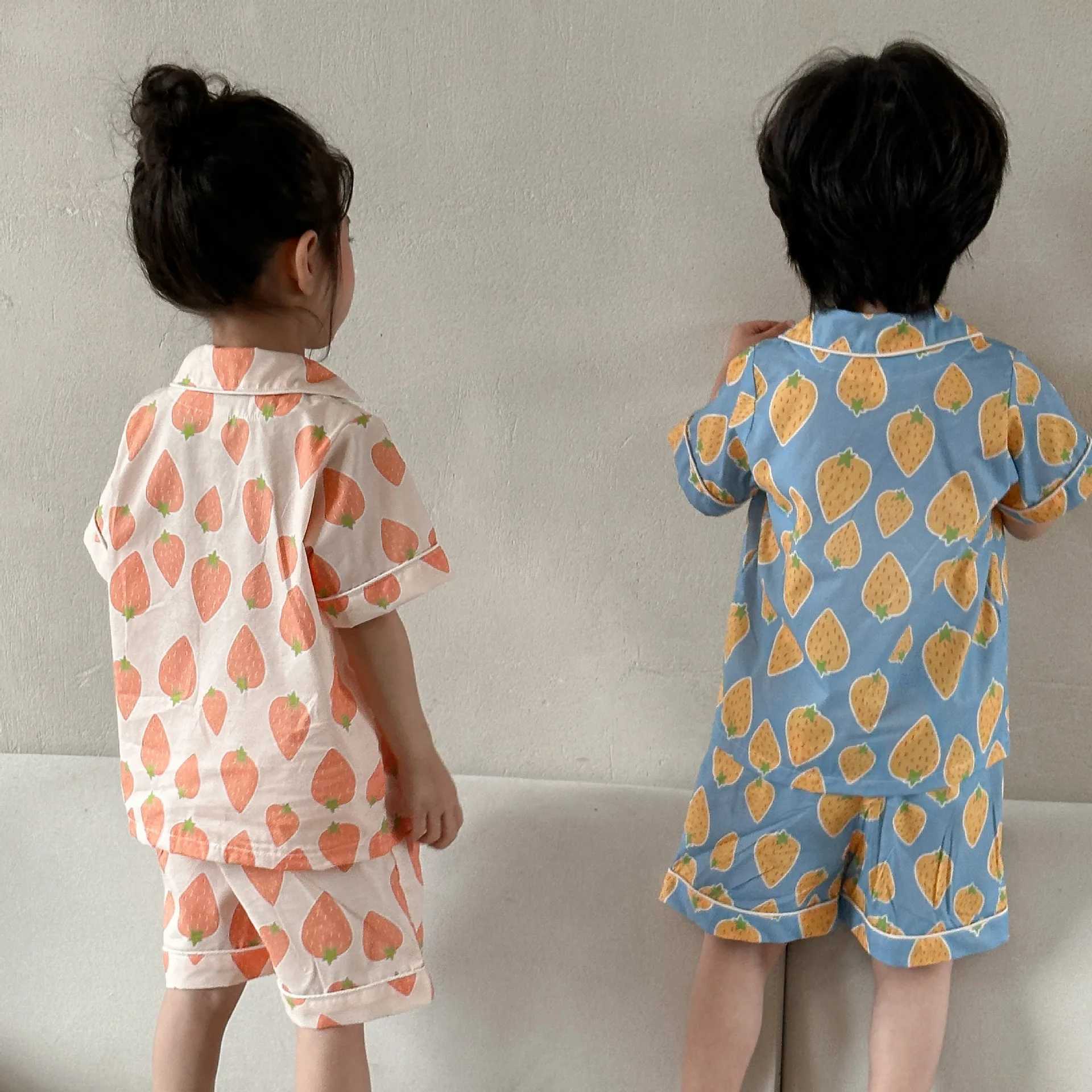 New Summer Baby Pajamas Boys and Girls Childrens Printed Thin Short sleeved Top+Short sleeved Pajamas 2-piece Childrens Cotton Pajama SetW240716