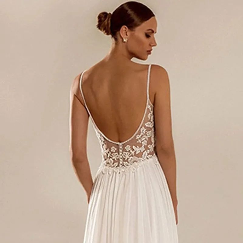 Plus Size V Neck Sexy Side Split A Line Wedding Dresses Summer Beach Elegant Lace Chiffon Boho Bridal Gowns With Pleats Vestidos De Novia Backless Bri