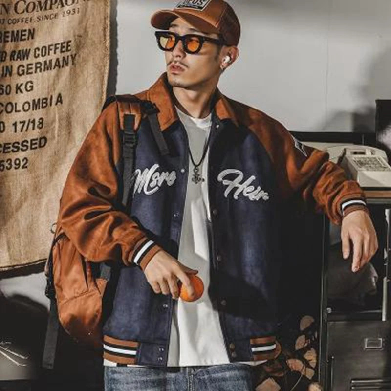 American Baseball Uniform Jacket Hip Hop Coat Deerskin Velvet Jacket Mens Patchwork High Street Loose y2k Casual Sports top 240717