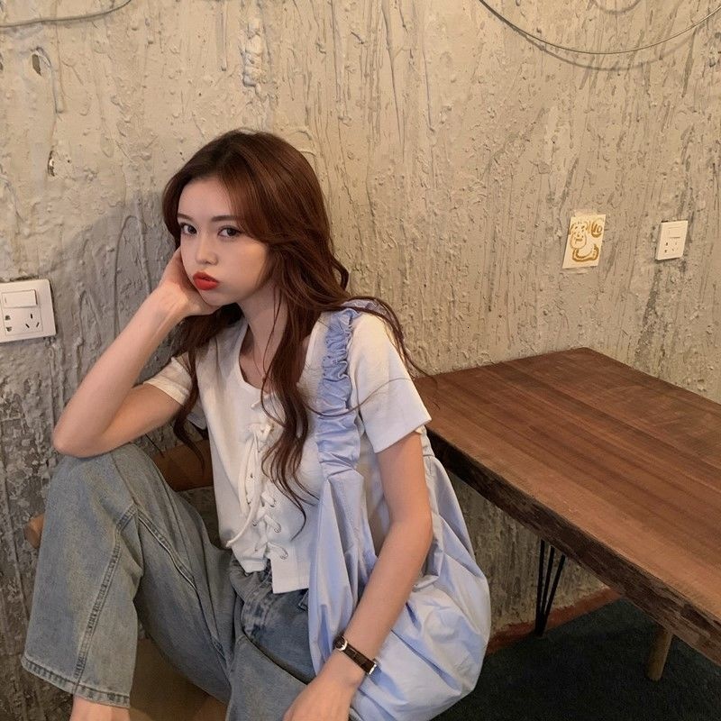 Korean Summer New Women Slim Versatile Lace-up Design Short Sleeve Top T-shirt