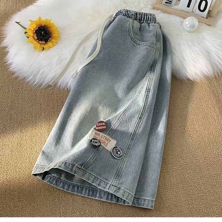 Denim shorts for men in summer, thin, lace up, loose, straight leg, ice feeling, breathable, casual, versatile, mid length pants, trendy