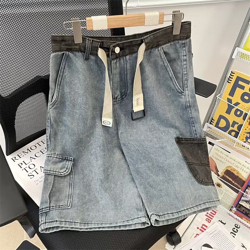 Summer American high street denim shorts, men's washed trendy brand loose mid length pants, niche patchwork contrasting five quarter pants