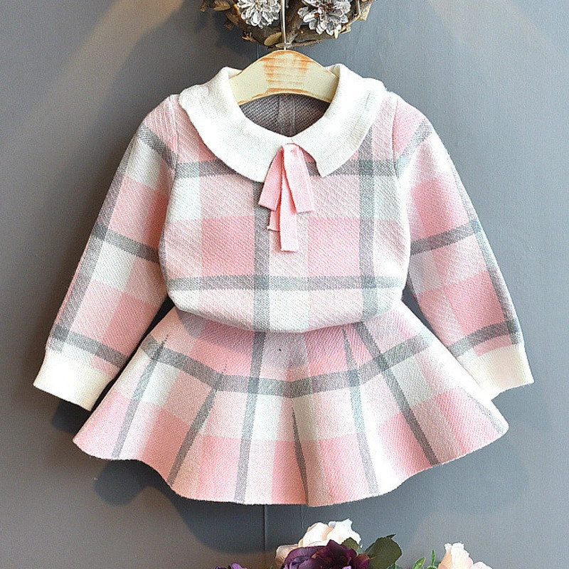 Girls Sets ChildrenS Clothing Autumn Winter Plaid Bow School Student Suit Knit Sweater Short Skirt 2pcs Kids Outfits 240713