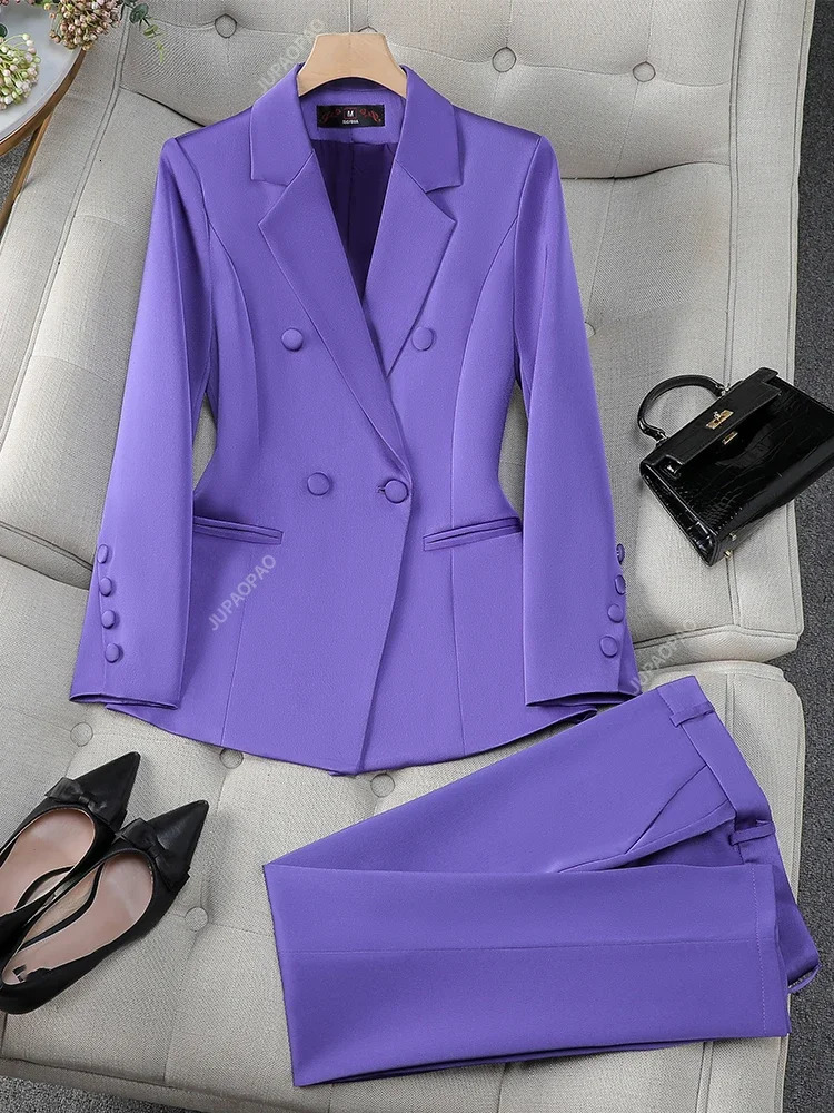 Fashion Office Ladies Formal Pant Suit Set Women Blue Pink Yellow Female Business Work Wear 2 Piece Blazer Jacket And Trouser 240712