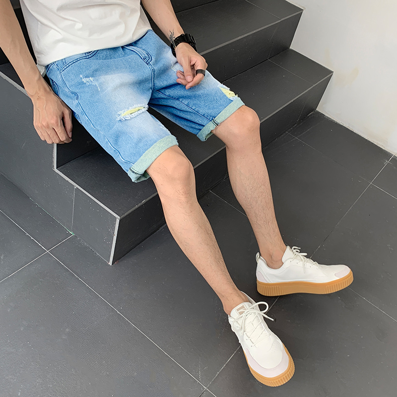 Denim shorts 2022 summer men's ripped jeans 5-point mid length pants