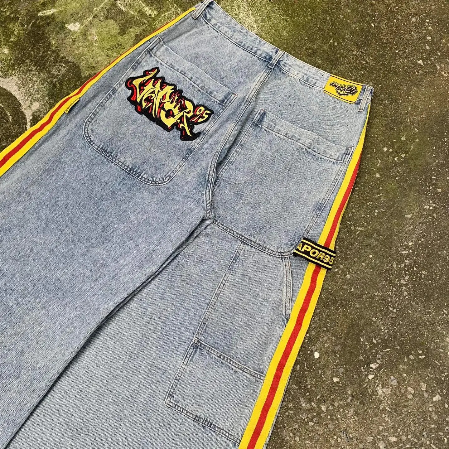 Streetwear Vapor95 Jeans Hip Hop Rock Retro Blue Oversized Loose Jeans Men Women High Street Casual Pants High Waist Wide Pants 240718