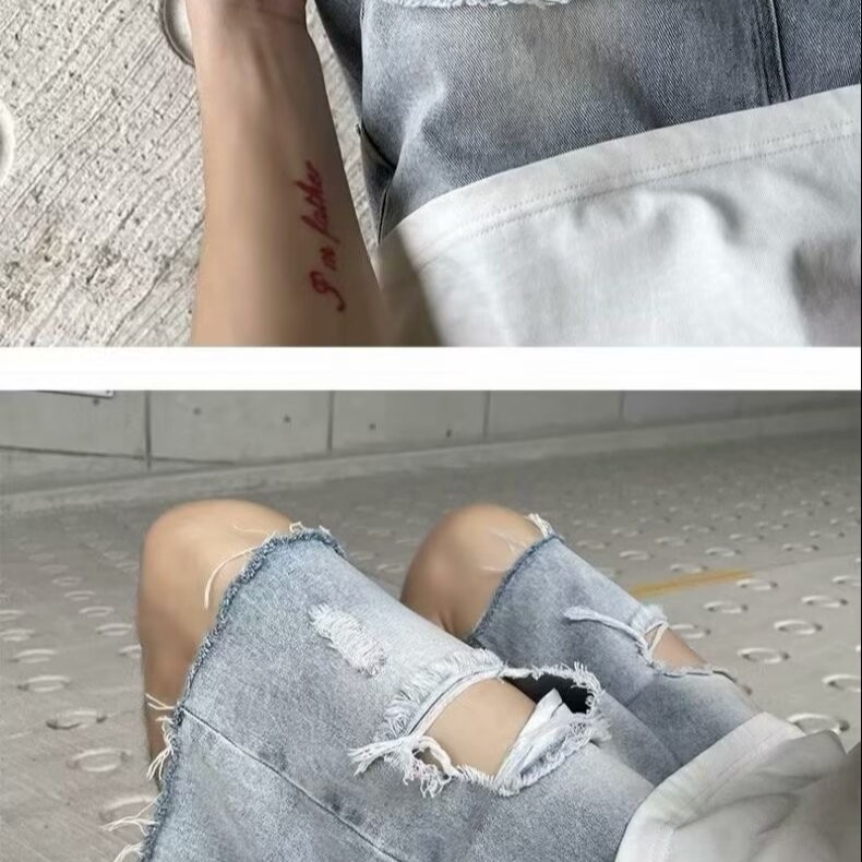 Denim shorts, men's summer thin style with distressed edges, design sense of niche high street trendy brand Instagram new five part pants