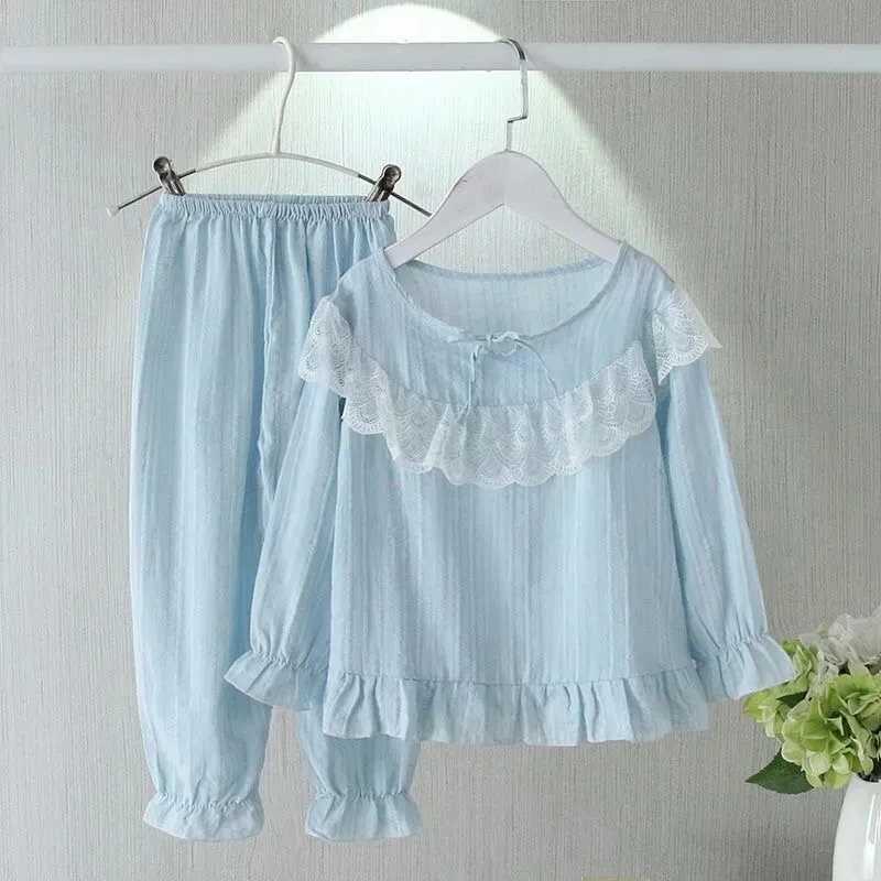 Spring and Autumn Childrens Thin Home Clothing Cute Princess Style Girl Long Sleeve Pajama Baby Cotton Linen Two Piece SetW240716