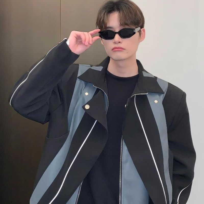 Korean Street Casual Mens Jacket Patchwork Leather High Street Motorcycle Coats Loose Shoulder Pads Zipper Lapel Outwear Y2K 240716
