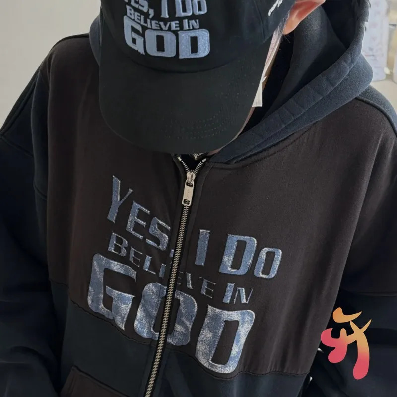 24ss Winter Vintage Street ERD Jackets I Believe in God Washable Letter Patchwork Zippered Hoodie Men Women Hoodys 240715