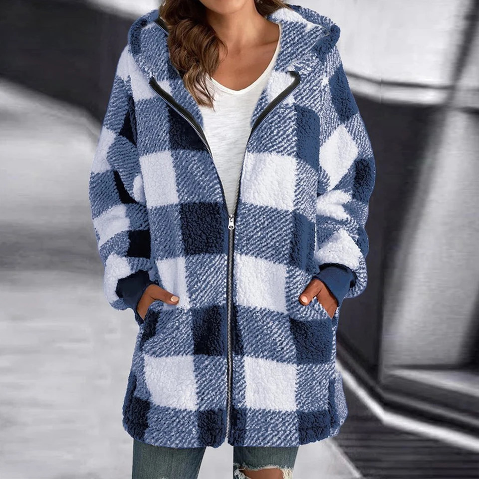 Winter Long Sleeve Grid Hooded Loose Womens Jacket Plus Size Women Clothing Large Size Keep Warm Female Outerwear Coat 240711