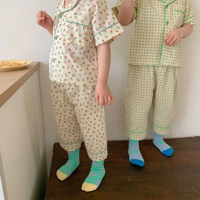 Summer Childrens Pajamas Korean Printed Set Boys and Girls Casual Cotton PajamasW240716
