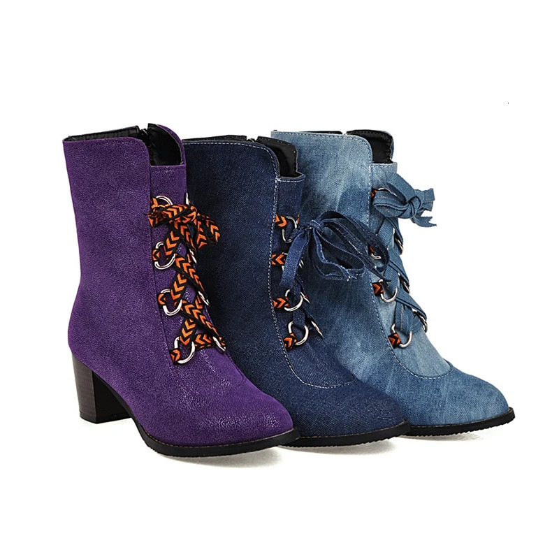 ASILETO Big size 35-46 western denim boots women cross tied high heels shoes woman blue cowboy ankle boots zipper booties mujer 240719