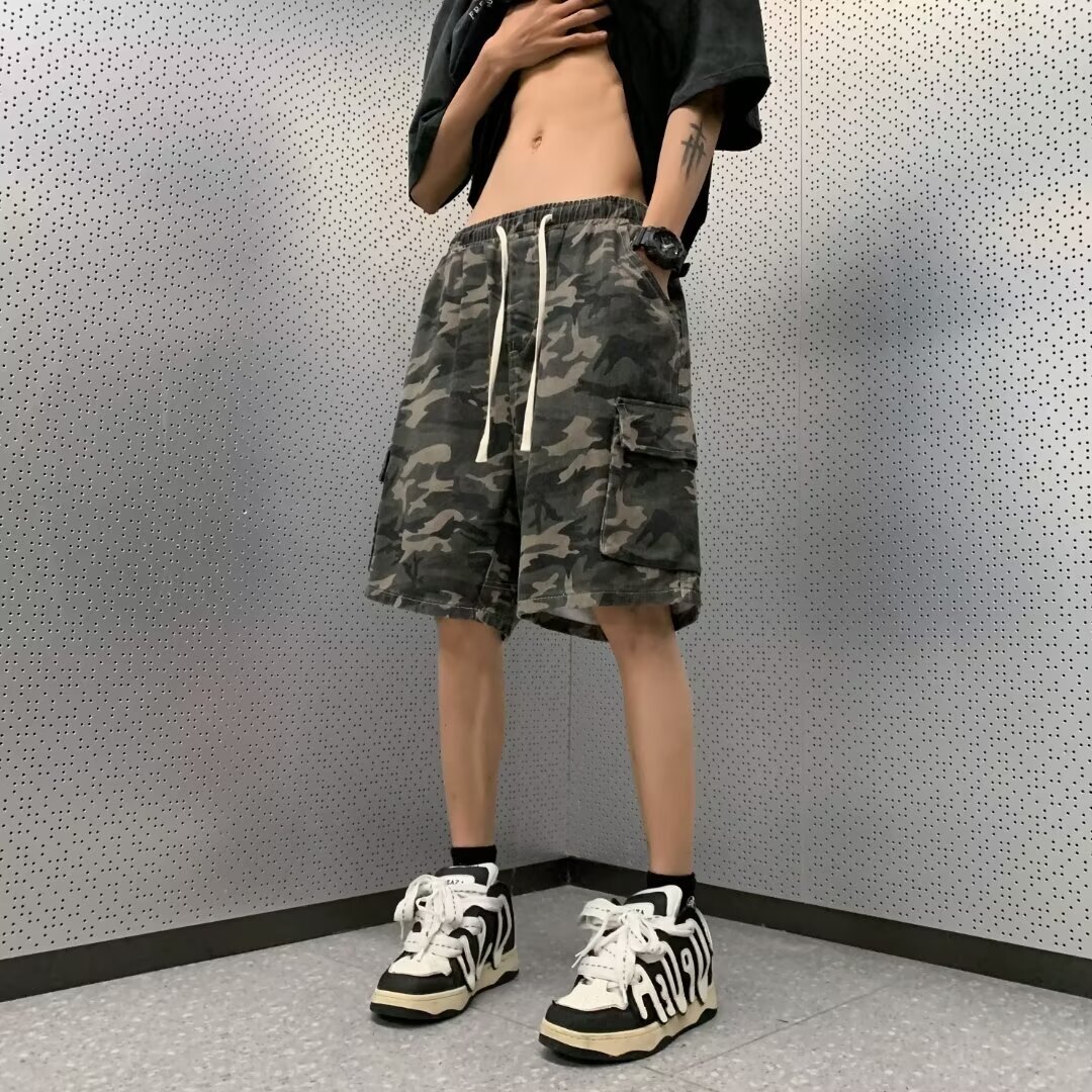 Camouflage workwear, denim shorts, men's summer trendy brand, large size, loose and versatile, American high street hooligan handsome five quarte