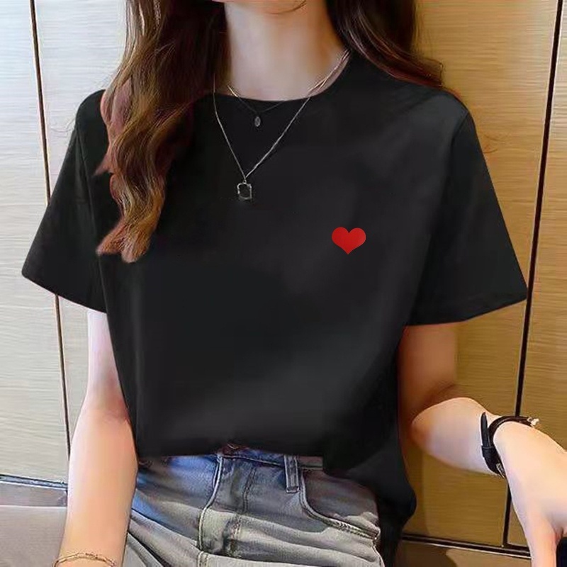 Women Simple Love Print Short Sleeve T-shirt Loose Top Korean Style Casual Tee
